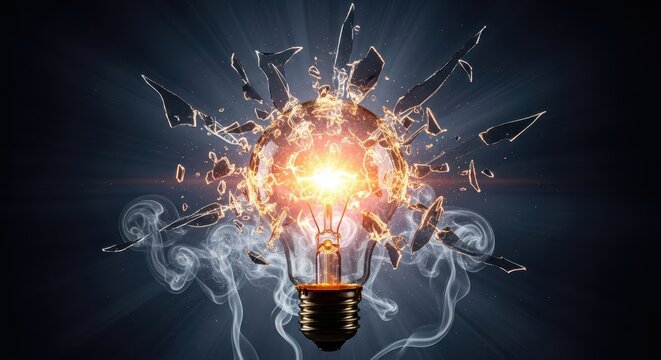 High-speed photographic capture of a spectacular exploding tungsten light bulb, showing sharp glass fragments scattering violently with smoke and bright light, close up, glass, bright