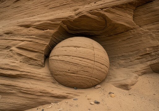 Spherical geological concretion exposed within a heavily layered matrix of fine-grained sedimentary sandstone strata in a desert environment, deposit, mineral, nodule
