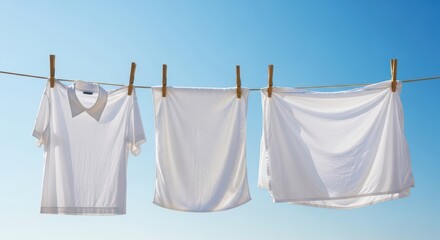 Wooden clothespins clipped onto a tight rope clothesline holding up white laundry under the bright sunny sky, routine, clip, peg