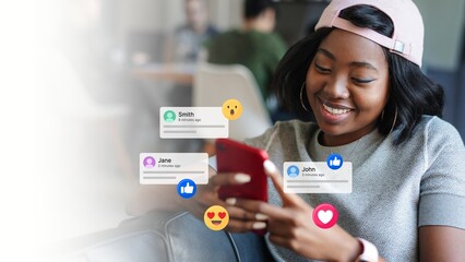 Cheerful black woman texting to her friend