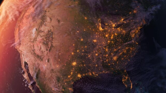 USA from Space Zoom Out. Sunset, North America and United States from Space Orbit. Earth. Globe