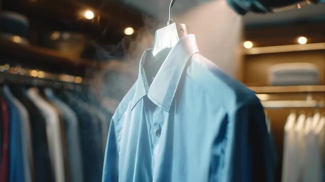 Medium shot of a steamer being used on a cotton linen shirt highlighting wrinkle removal and fabric rejuvenation techniques.