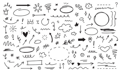 Hand drawn doodle elements set. Sketch arrows, stars, hearts and decorative scribble lines.Perfect for text decoration, highlights, notes, planners, presentations and creative design projects.
