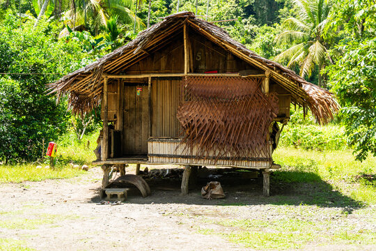 View of a traditional hut with straw roof and woven walls stands humbly amidst lush greenery, a contrast of textures and tones, Wewak, East Sepik Province, Papua New Guinea.