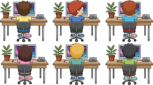 Cartoon children, computer lab, classroom desks, starry screen, potted plant, telephone, colorful chairs, digital learning, education, vector illustration