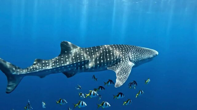 Whale shark swimming in deep blue ocean surrounded by small fish with sunlight rays shining down on the water from above creating a serene underwater scene.