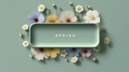 beautiful spring flowers around rectangle, text "SPRING" inside the rectangle, top view 