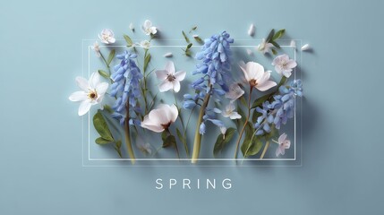 white frame with spring flowers on blue 