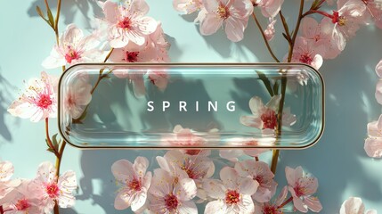 beautiful spring flowers around transparent frame with text "SPRING" inside the display, top view 