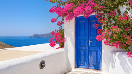 A classic Mediterranean scene featuring a vibrant blue door set against a pristine white stucco wall. Lush pink bougainvillea branches frame the doorway, with a breathtaking view of the turquoise sea  © Olena