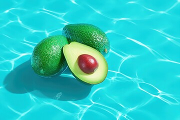 Fresh Green Avocado with Seed and Two Whole Avocados on Bright Blue Water Surface