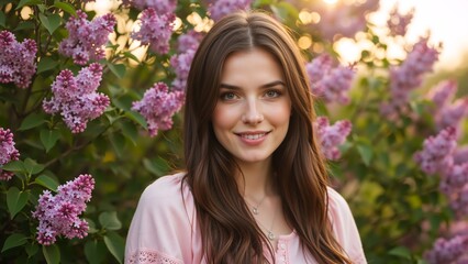 Naklejka premium Portrait of a happy young woman smiling in a spring garden. Natural beauty with long brown hair surrounded by blooming lilac flowers outdoors