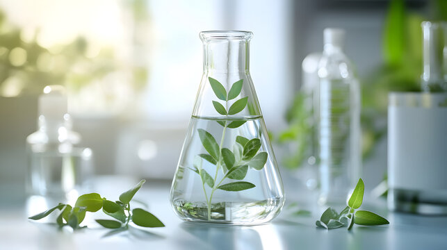 A laboratory setup with a beaker containing a plant in water surrounded by various glass bottles and scattered leaves on a clean surface