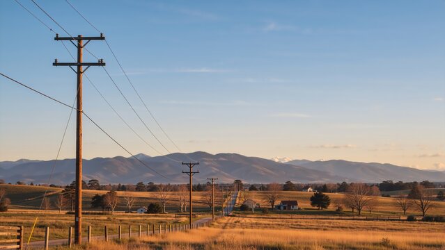 A rural countryside landscape with a country road and utility poles at sunset. Scenic view of golden fields and a mountain range with snow-capped peaks in the background. - Powered by Adobe
