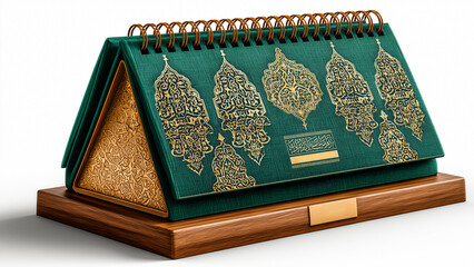 Elegant Desktop Calendar: A beautifully designed desktop calendar in shades of emerald green and gold, exuding sophistication and timeless charm, set against a classic background.
