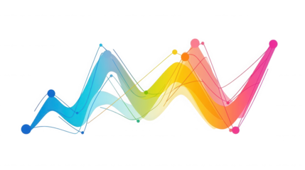 Colorful abstract data visualization with lines and curves on a black backdrop on transparent background