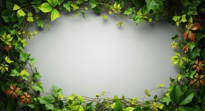 Natural border of vibrant green vine leaves creeping and twisting around the edges of the frame, perfect for organic background texture, summer, forest, botanical