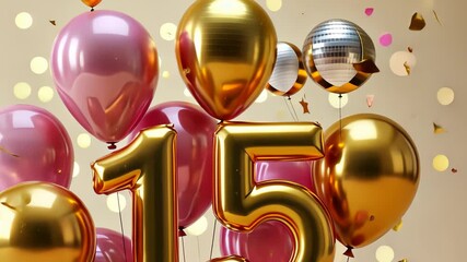 Celebratory balloon arrangement with golden numbers and confetti for a festive occasion