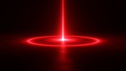 Focused Laser beam: a bright red laser beam piercing through the darkness, creating a radiant circle on the floor, symbolizing energy and precision.