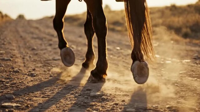 Close up view of a dark horse's powerful hooves kicking up dust while trotting down a sunlit rural dirt road at sunset