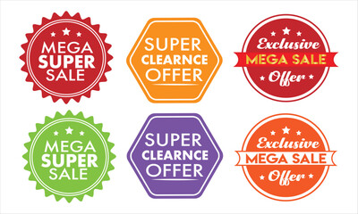 Obraz premium Mega Super Sale Badge Collection with Promotional Discount Stickers Super Clearance Offer and Exclusive Mega Sale Labels for E-commerce Retail Marketing Vector Graphic Illustration