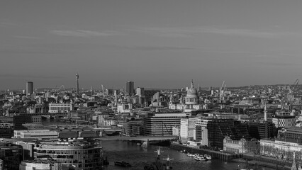 Aerial view of the London cityscape featuring historic landmarks and modern buildings