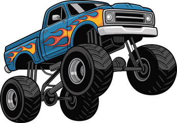 Blue monster truck illustration, lifted pickup with flame graphics and huge tires off road racing cartoon vector art design isolated © New World