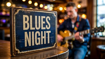 Blues night live music sign with guitarist in bar
