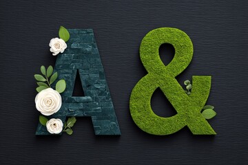 Decorative Green and Blue Ampersand with Flowers and Leaves on Dark Background