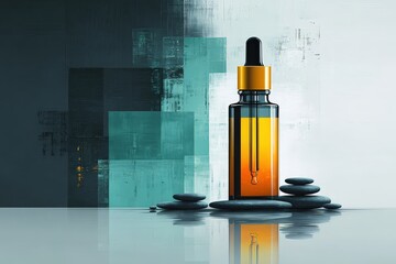 Amber Glass Dropper Bottle with Black Cap Surrounded by Smooth Black Stones on White Surface