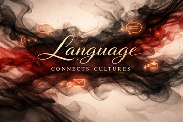 A compelling abstract image, 'Language Connects Cultures,' features dynamic smoky tendrils in rich reds and blacks with integrated digital communication icons.