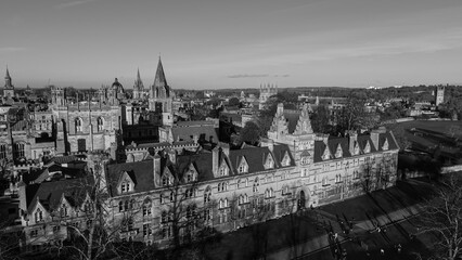 Oxford University's Christ Church College and surrounding iconic buildings in monochrome