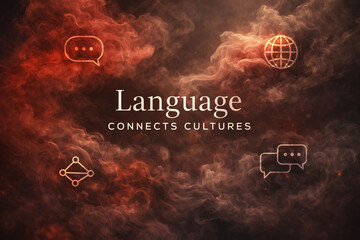 This visually striking artwork for 'Language Connects Cultures' displays warm, dark, smoky abstract elements with glowing communication icons and a global motif.