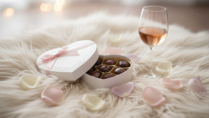 Elegant romantic Valentine gift box with heart-shaped chocolates and fine wine glass for celebration, love, and special moments in cozy, luxurious setting