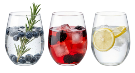 Three refreshing drinks with berries, lemon, and rosemary, isolated on white