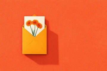 Yellow Envelope with Orange Flowers on Bright Orange Background