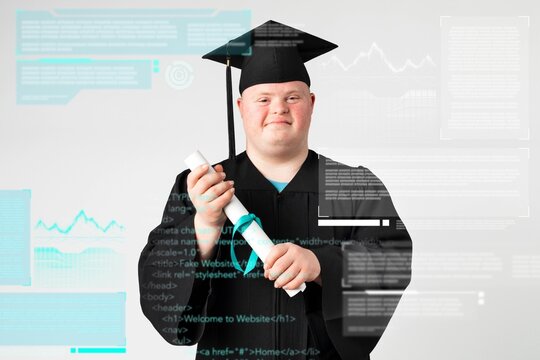 Cute boy with down syndrome in a graduation gown - Powered by Adobe