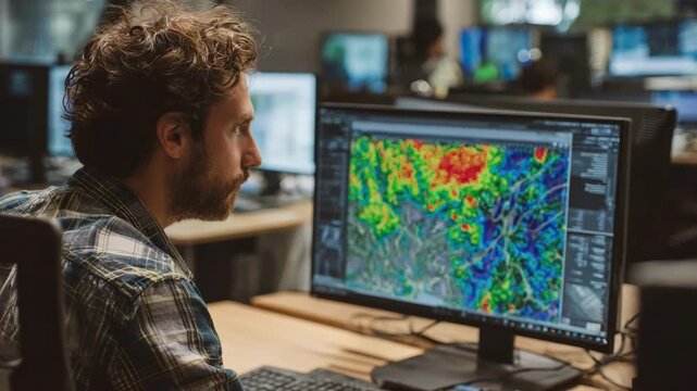 Medium shot of analyst reviewing flood maps on computer screen during climate risk assessment to evaluate investment vulnerability to rising water levels