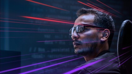 Man analysing binary code on virtual screen remix