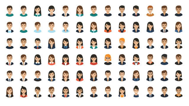 Comprehensive grid of many diverse human avatars showing various ethnicities, ages, and professional styles in portraits.