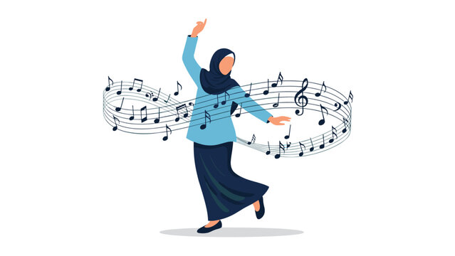 Graceful woman wearing a blue hijab and skirt dancing joyfully while surrounded by flowing musical note patterns.