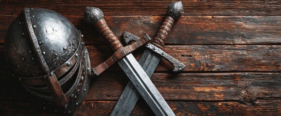 Display of a Metal Helmet and Two Swords on a Wooden Surface With a Focus on Historical Weaponry and Armor
