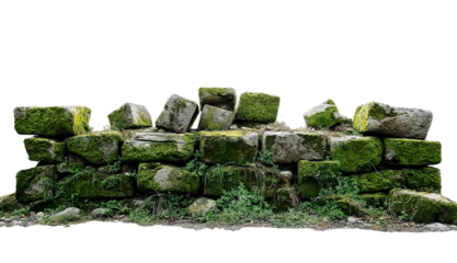 Mossy Stone Wall with Green Overgrowth mossy stones isolated on a transparent background