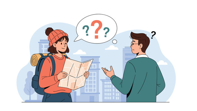 Young female tourist with a backpack and map asking a local man for directions in front of a city skyline backdrop.