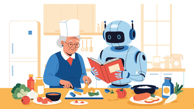 Elderly woman wearing a chef hat cooking in a modern kitchen with the help of a friendly domestic robot assistant.