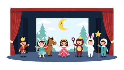 Group of children wearing various imaginative costumes performing in a school play on a stage with a forest backdrop.