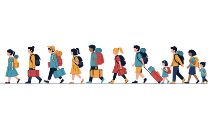 Fototapeta premium Long line of diverse children of different ages walking together while carrying backpacks and rolling suitcases for a trip.