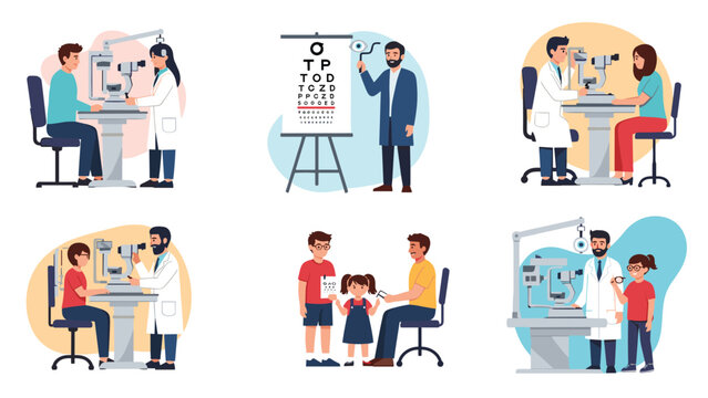 Diverse set of illustrations showing various eye examination procedures and consultations with ophthalmologists for adults and children.
