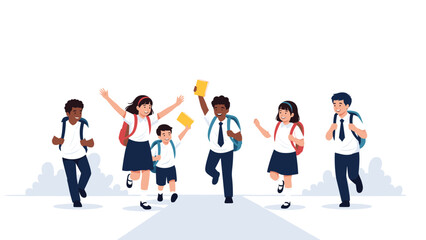 Obraz premium Diverse group of happy school children wearing uniforms and carrying backpacks while running and playing outside.