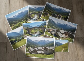 Collection of postcards depicting Andorra's picturesque mountain scenery, featuring medieval bridges, alpine villages, and lush valleys under clear skies.